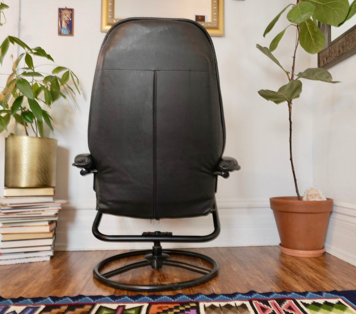 Vintage Black Leather Recliner & Ottoman