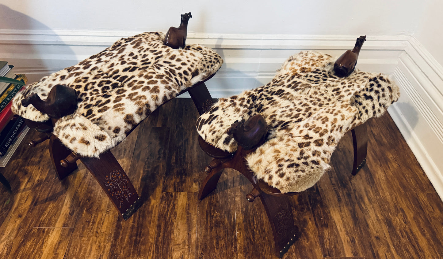 Vintage Hand-Carved Camel Saddle Stools / Ottoman Pair – Solid Wood + Animal Hide