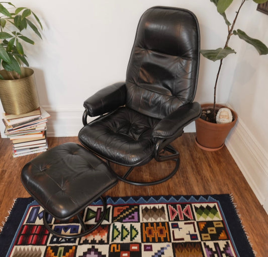 Vintage Black Leather Recliner & Ottoman