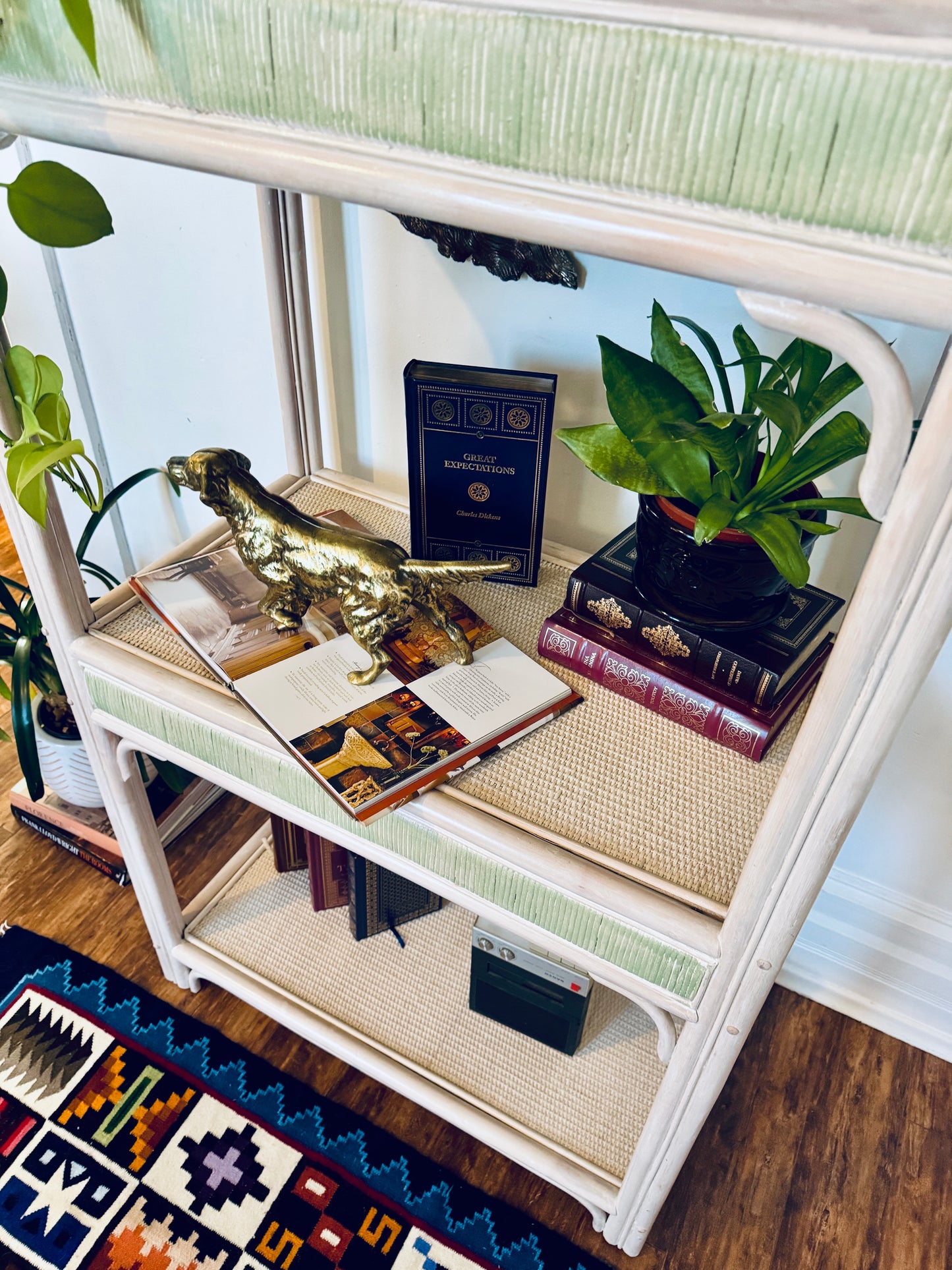 Vintage White Rattan Etagere Shelf Unit