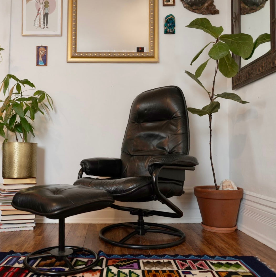 Vintage Black Leather Recliner & Ottoman