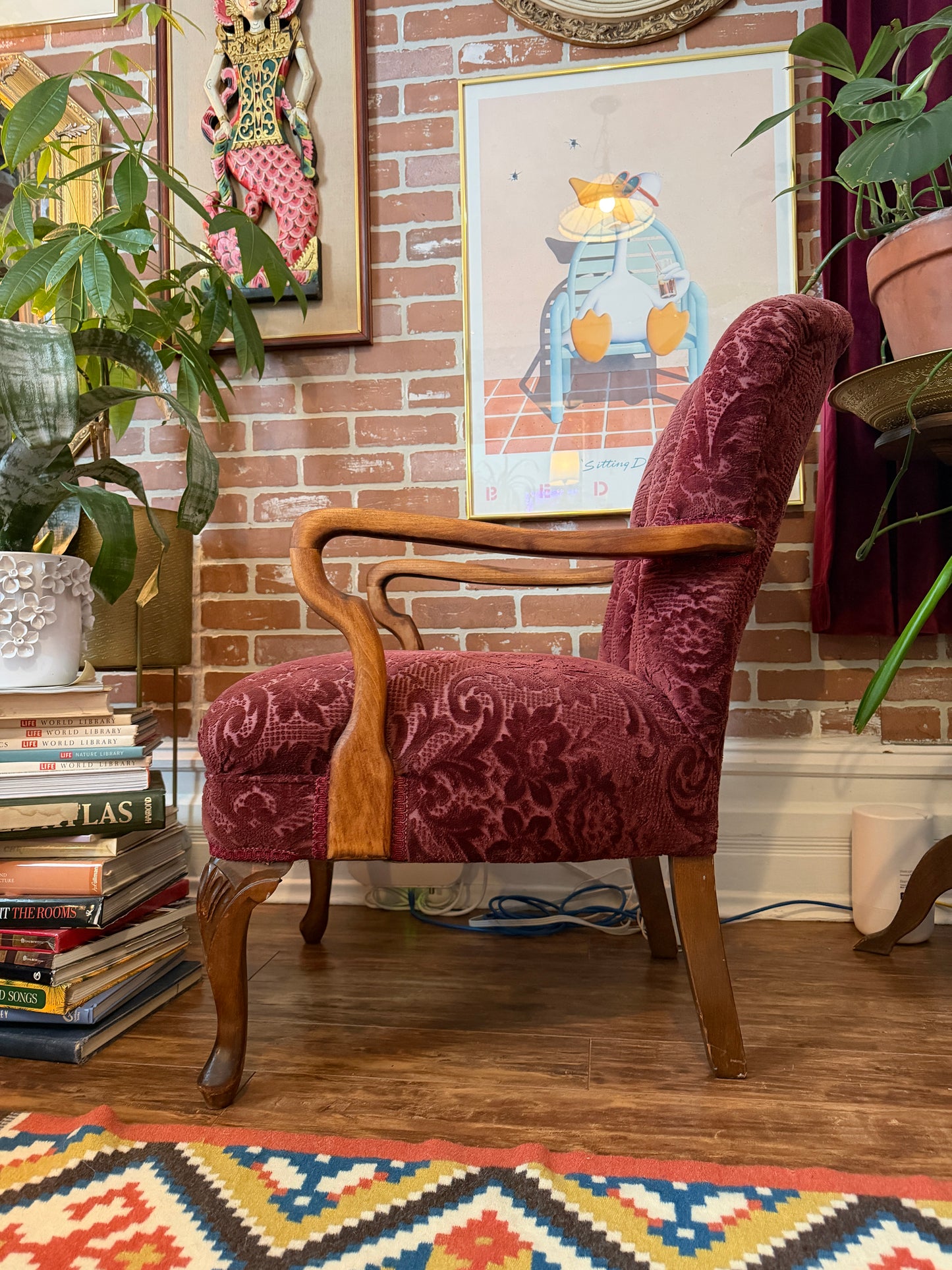 Vintage 1930s Burgundy Velvet & Walnut Wood Armchair