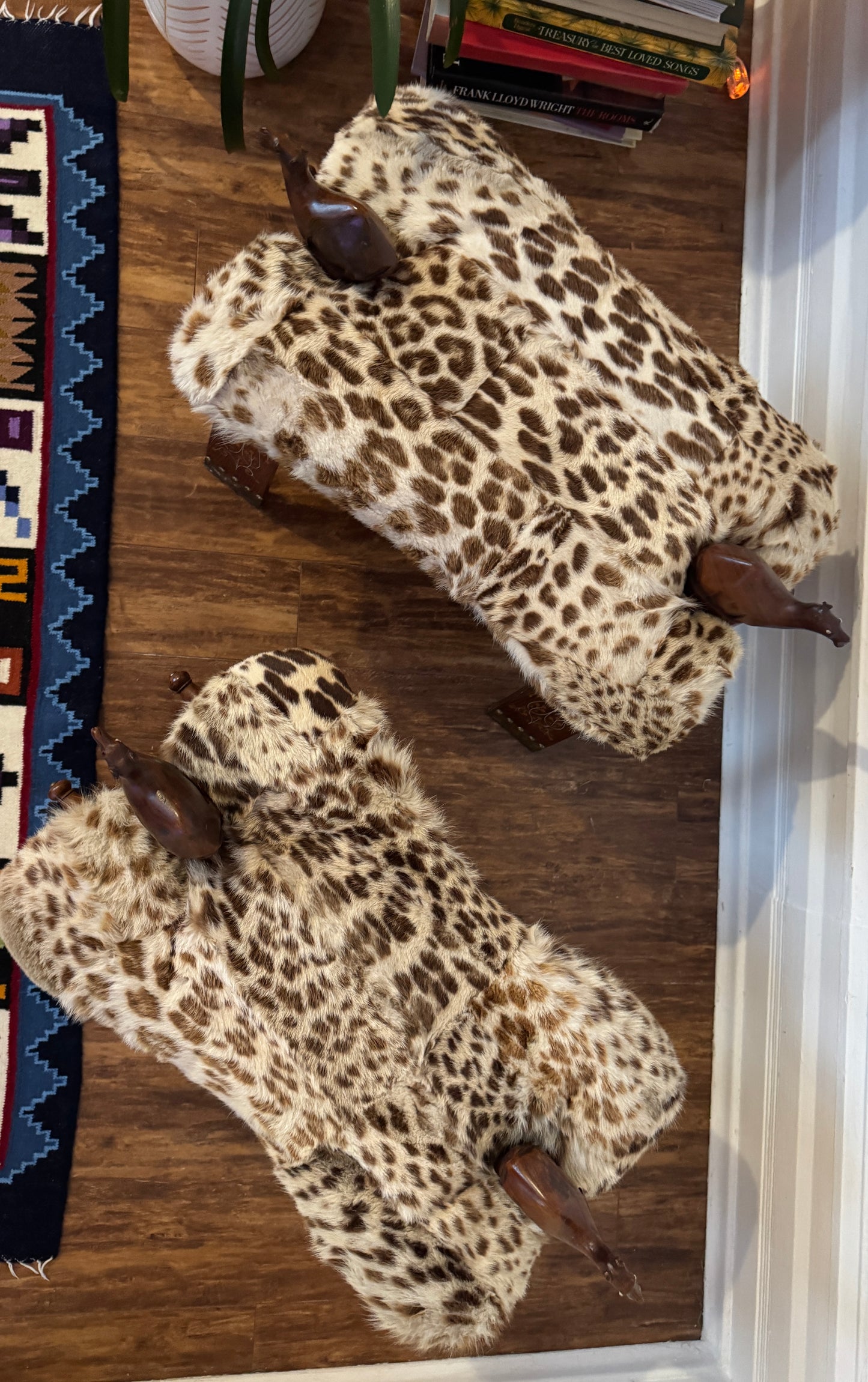 Vintage Hand-Carved Camel Saddle Stools / Ottoman Pair – Solid Wood + Animal Hide