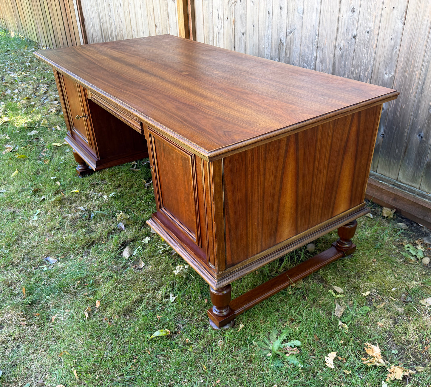 Vintage Walnut Wood Large Executive Office Desk