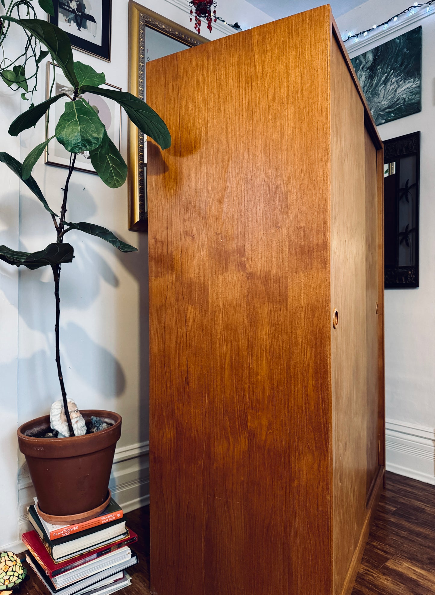 Vintage Danish Teak Wardrobe w/ Sliding Doors — Shelving + Hanging Rail