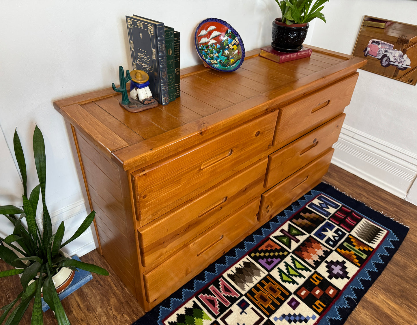 Vintage Solid Pine 6 Drawer Credenza