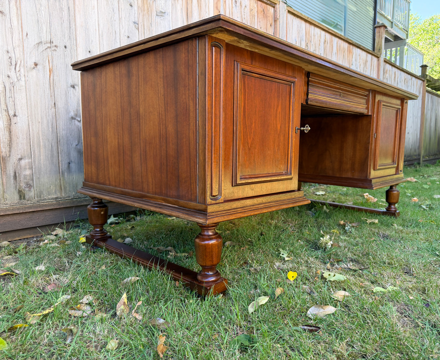 Vintage Walnut Wood Large Executive Office Desk