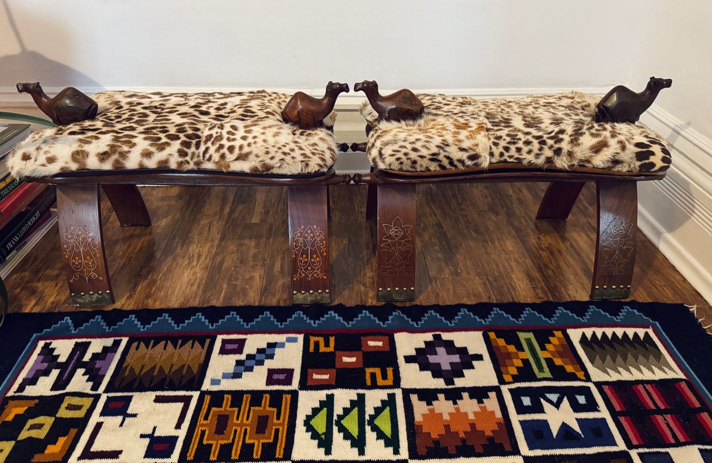 Vintage Hand-Carved Camel Saddle Stools / Ottoman Pair – Solid Wood + Animal Hide