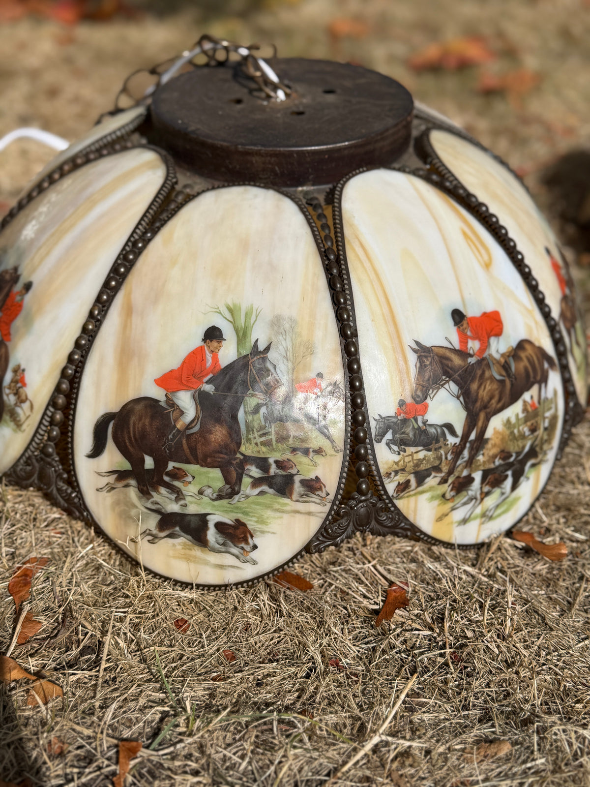 Vintage Slag Glass Pendant Light with Equestrian Scene