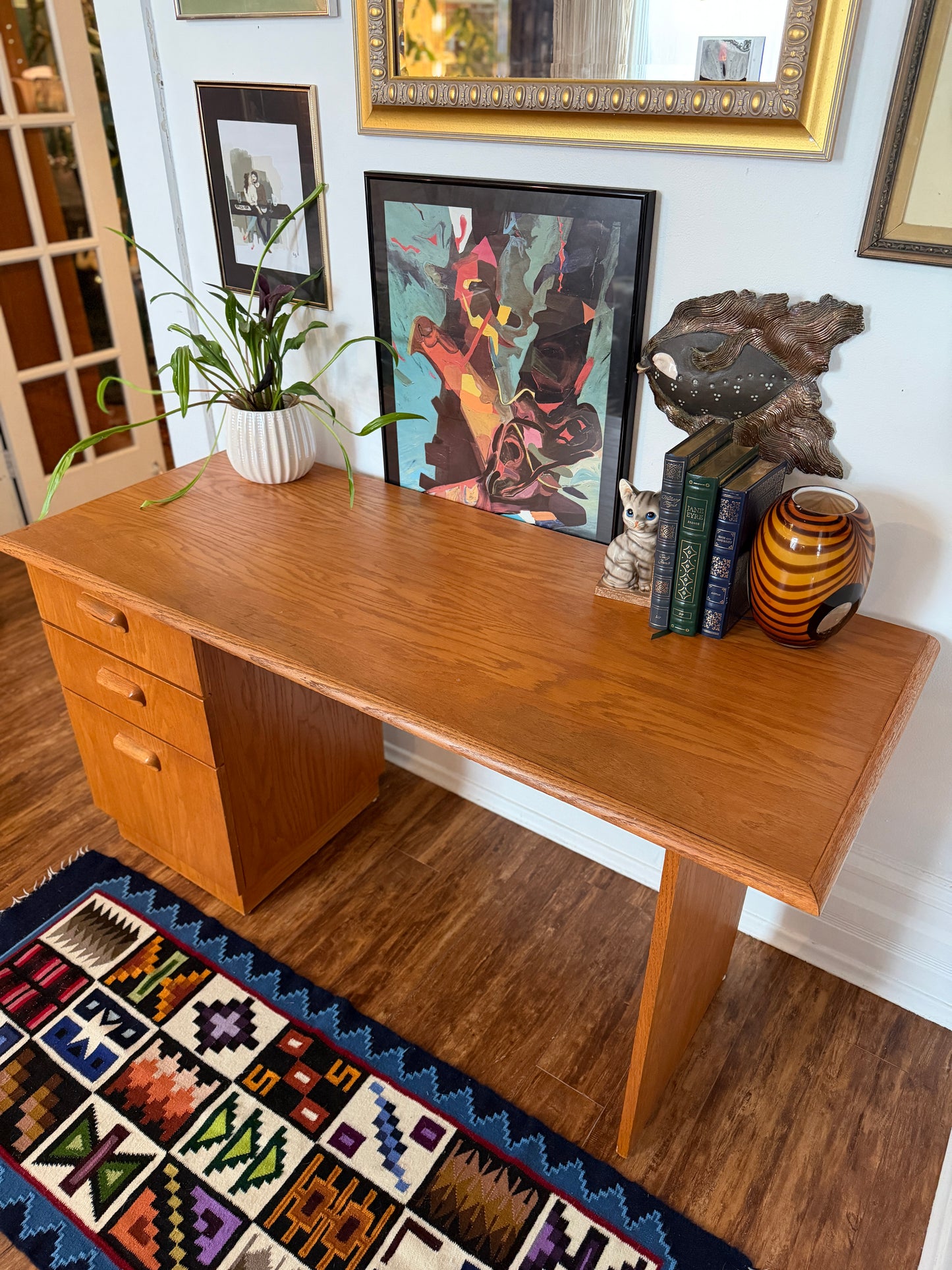 Vintage MCM Oak 3 Drawer Desk