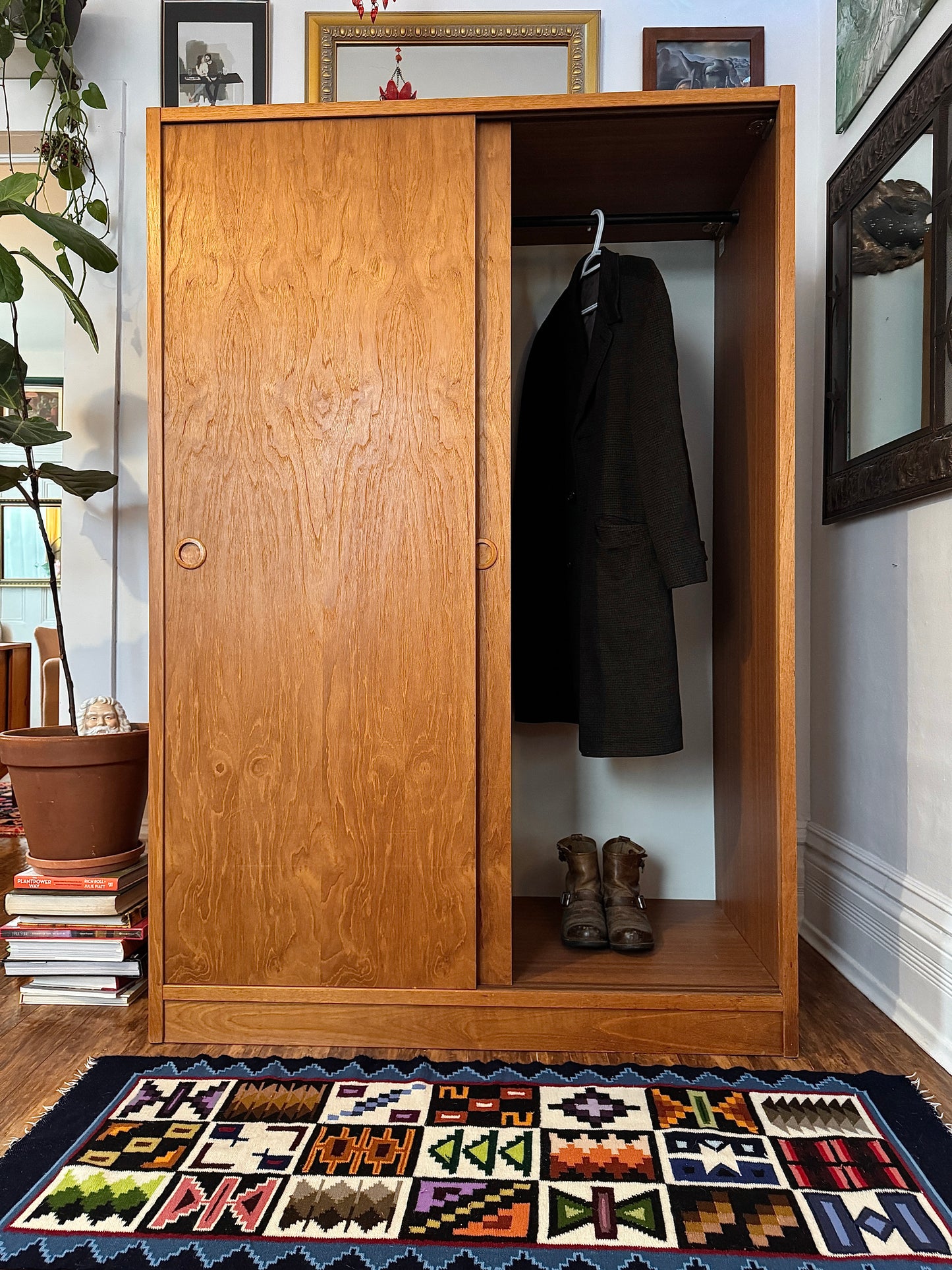 Vintage Danish Teak Wardrobe w/ Sliding Doors — Shelving + Hanging Rail