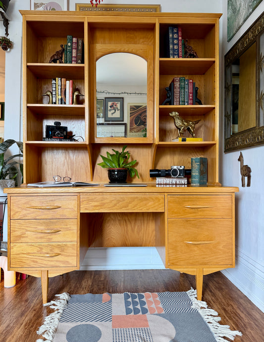 Vintage MCM Style Oak Desk & Hutch