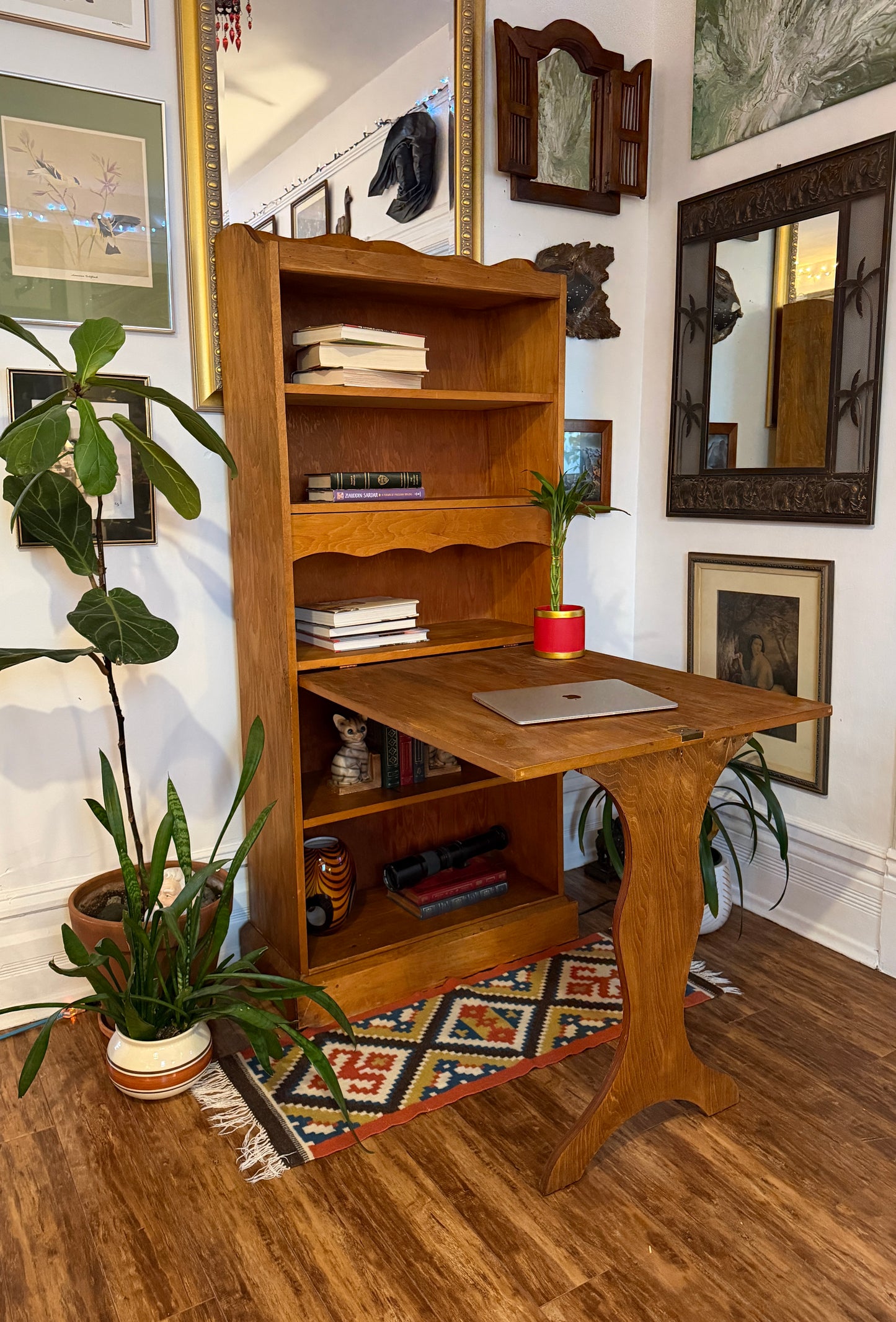 Vintage Solid Wood Bookshelf & Folding Table