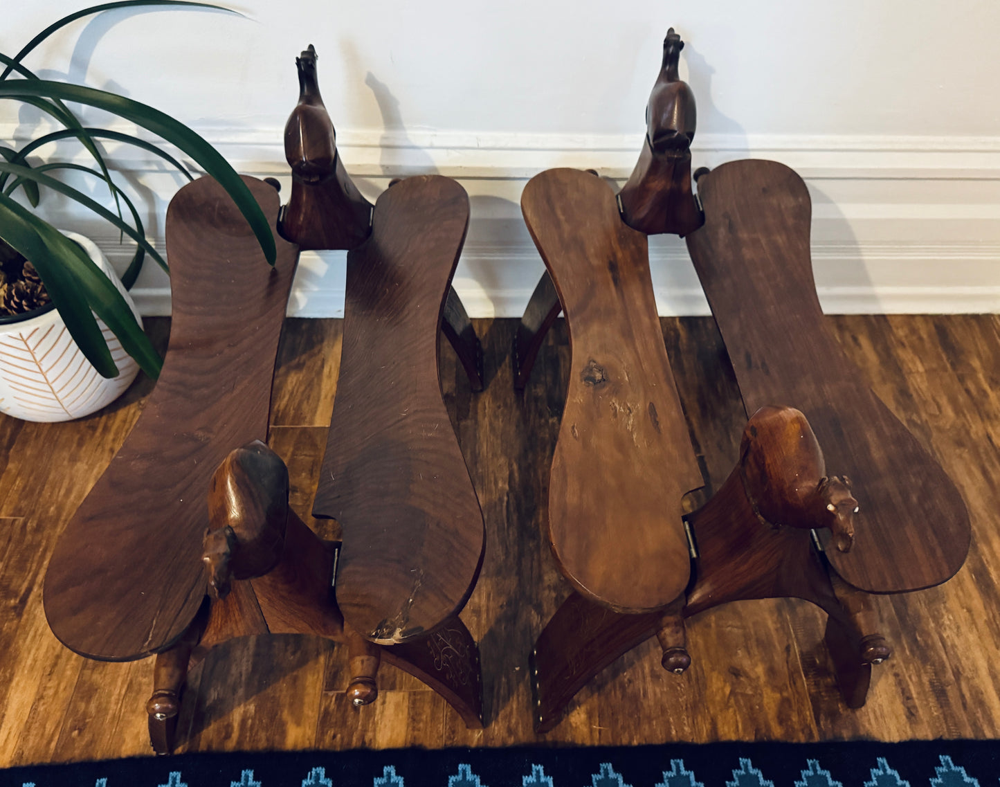 Vintage Hand-Carved Camel Saddle Stools / Ottoman Pair – Solid Wood + Animal Hide