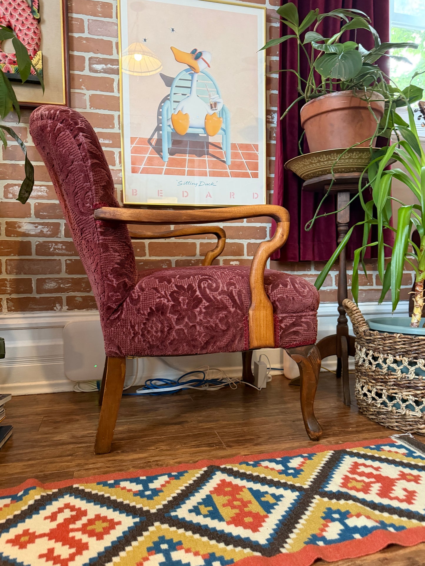 Vintage 1930s Burgundy Velvet & Walnut Wood Armchair