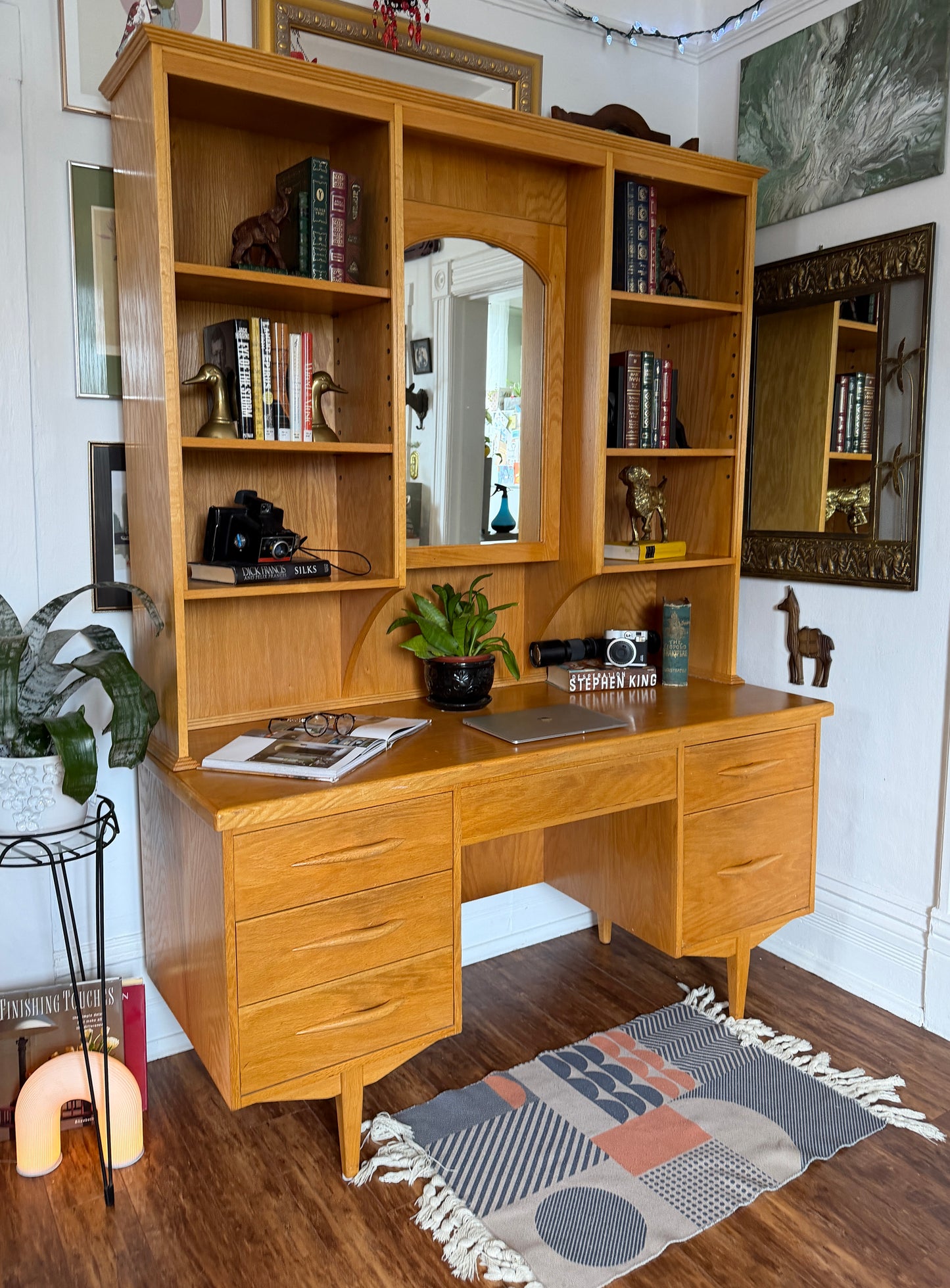 Vintage MCM Style Oak Desk & Hutch