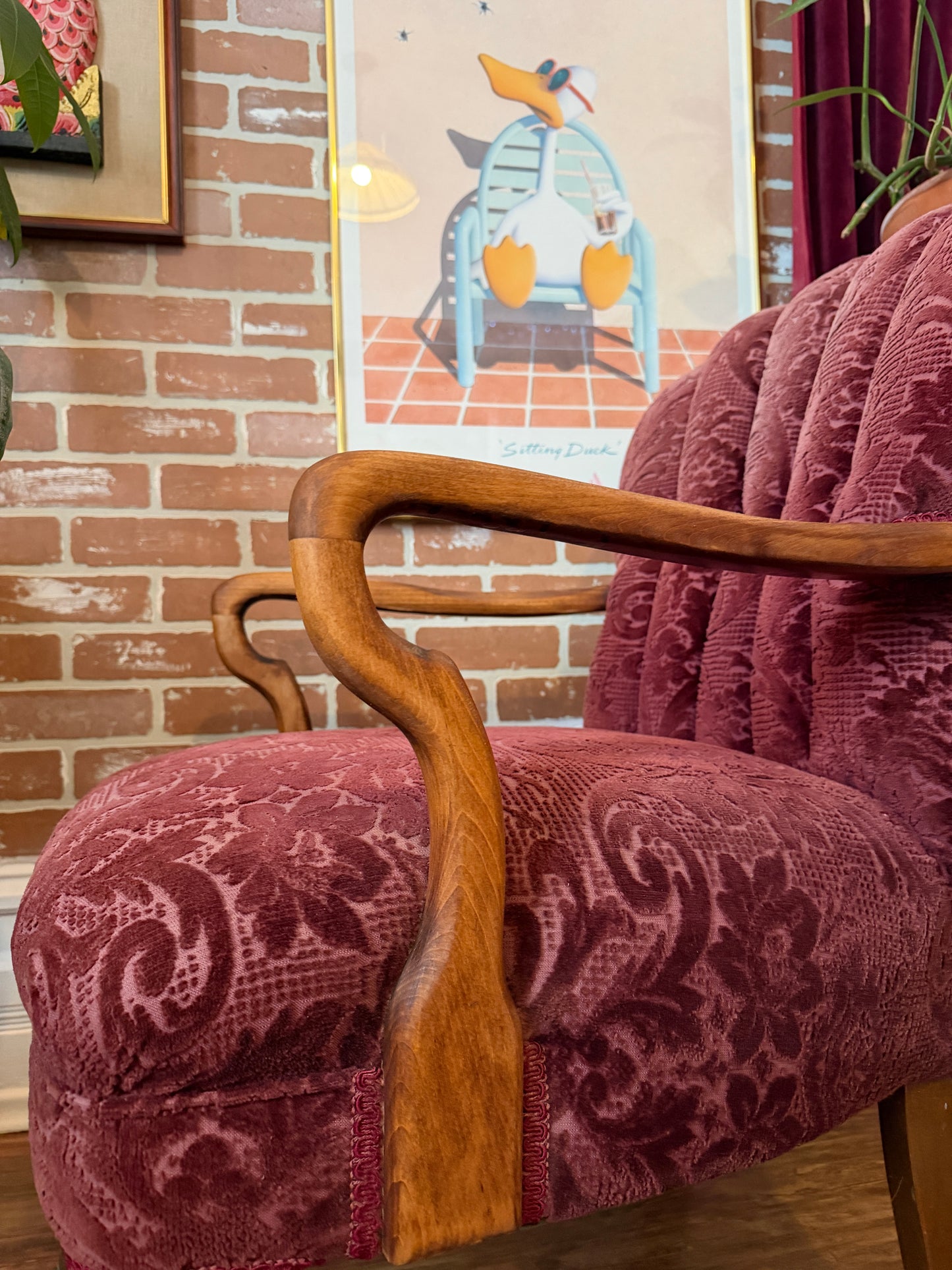 Vintage 1930s Burgundy Velvet & Walnut Wood Armchair