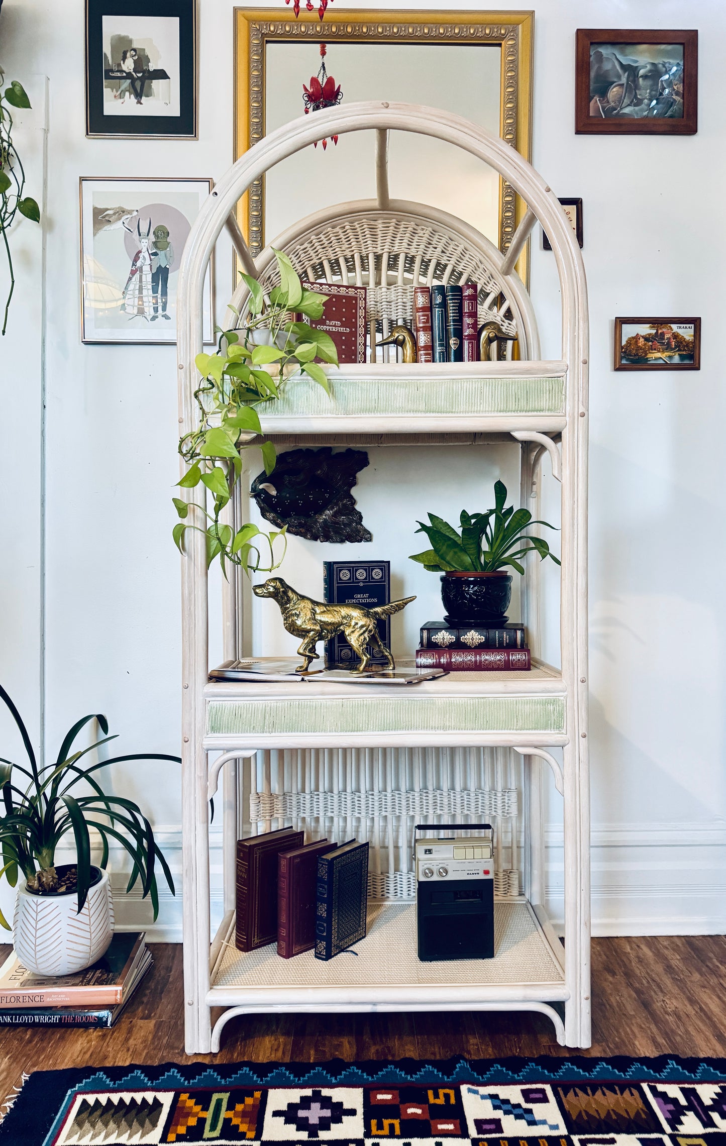 Vintage White Rattan Etagere Shelf Unit
