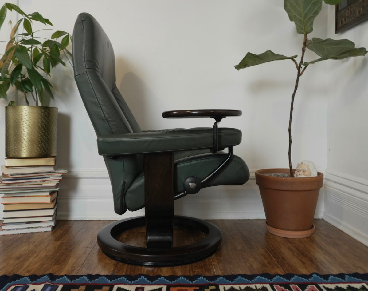 Ekornes Stressless Green Leather Recliner & Ottoman