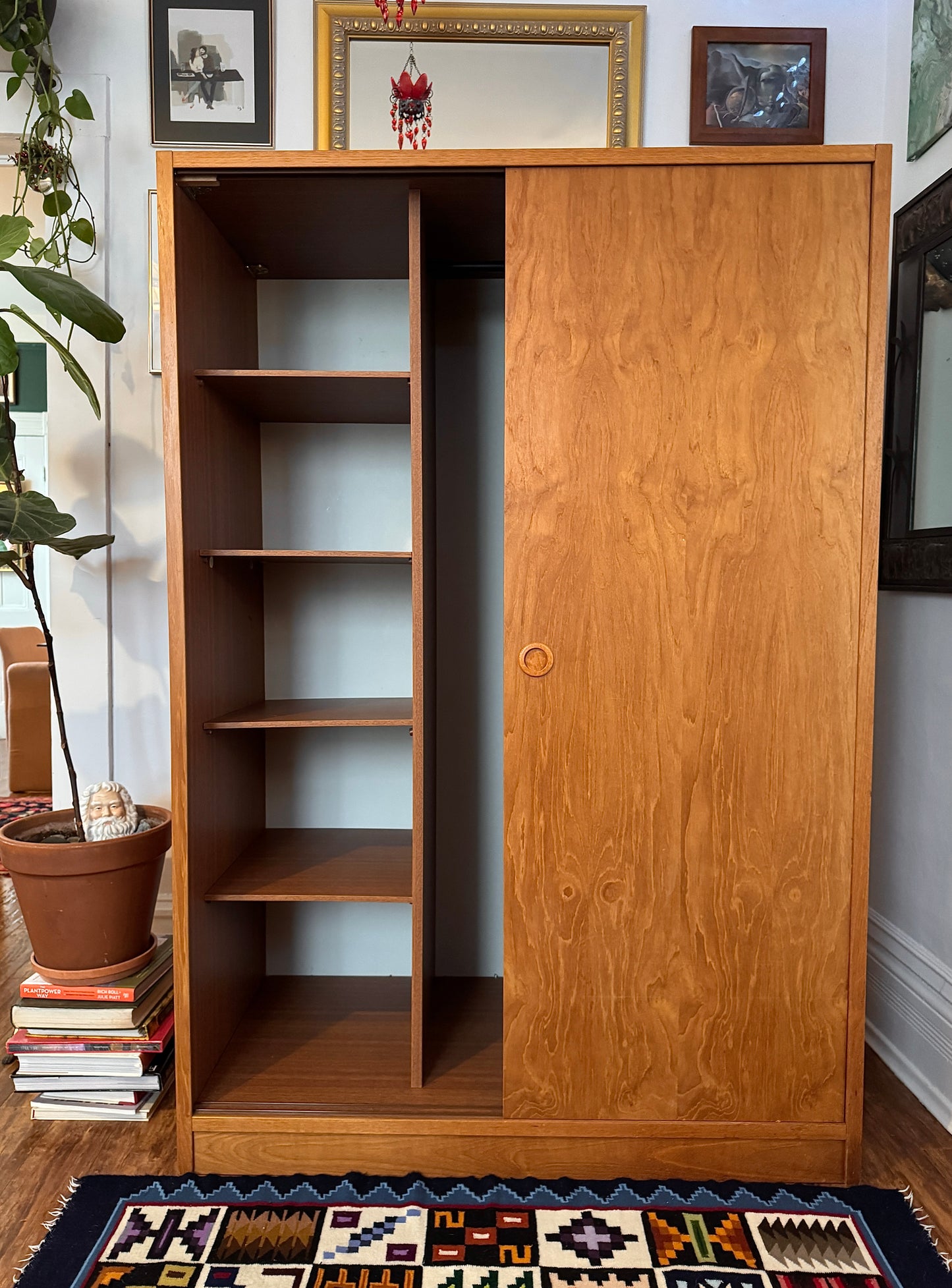 Vintage Danish Teak Wardrobe w/ Sliding Doors — Shelving + Hanging Rail