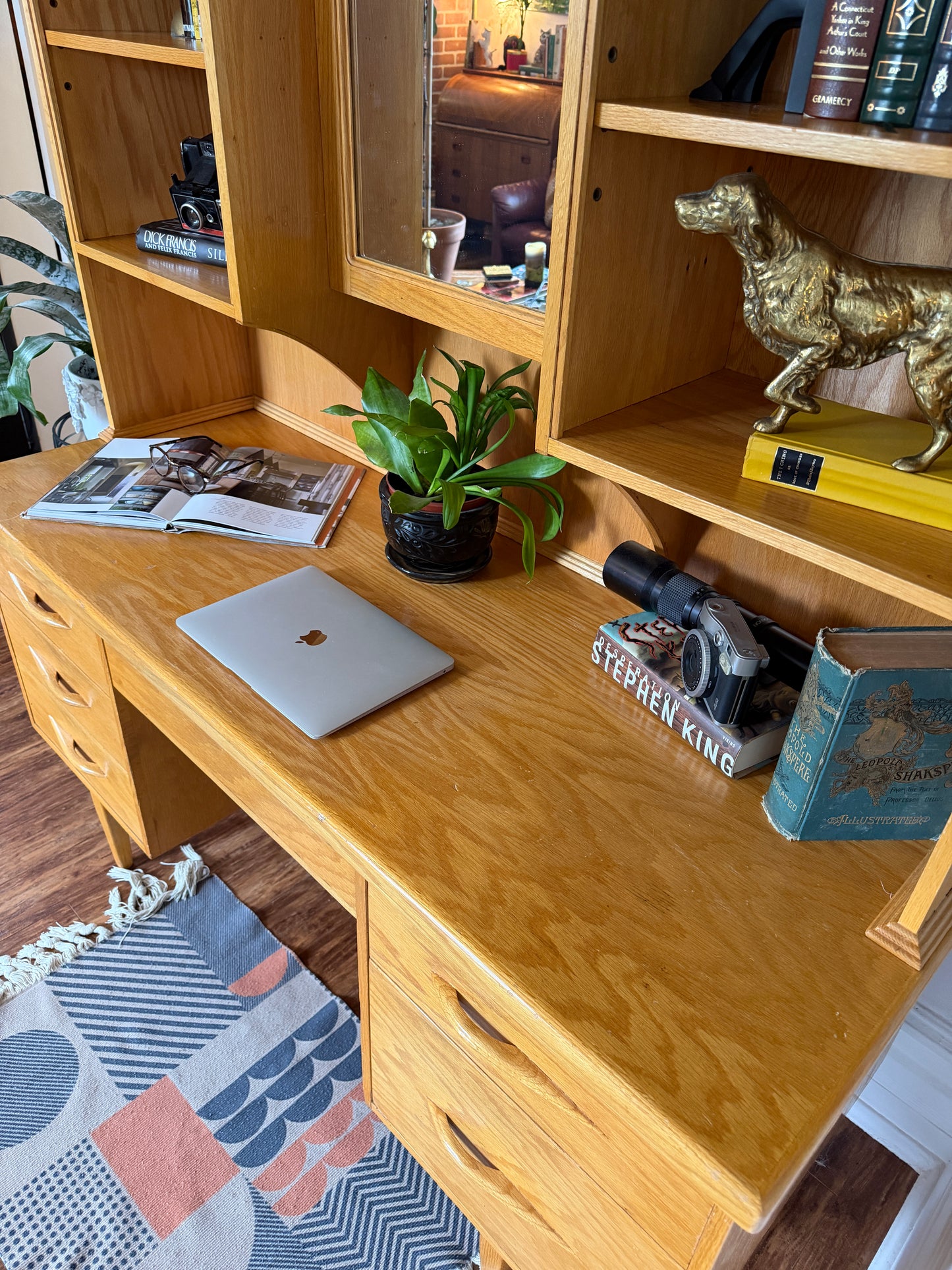 Vintage MCM Style Oak Desk & Hutch