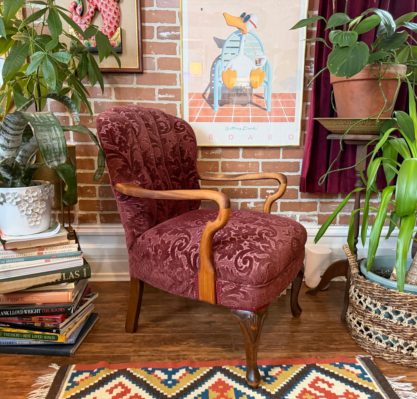Vintage 1930s Burgundy Velvet & Walnut Wood Armchair