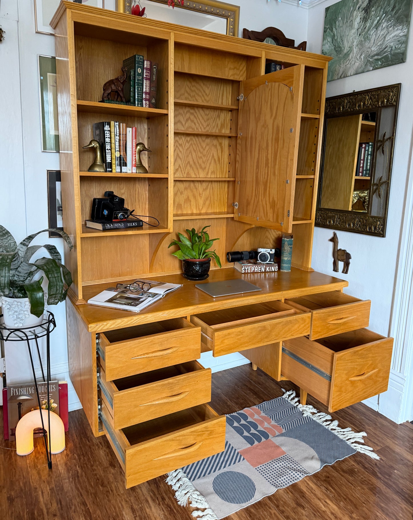 Vintage MCM Style Oak Desk & Hutch