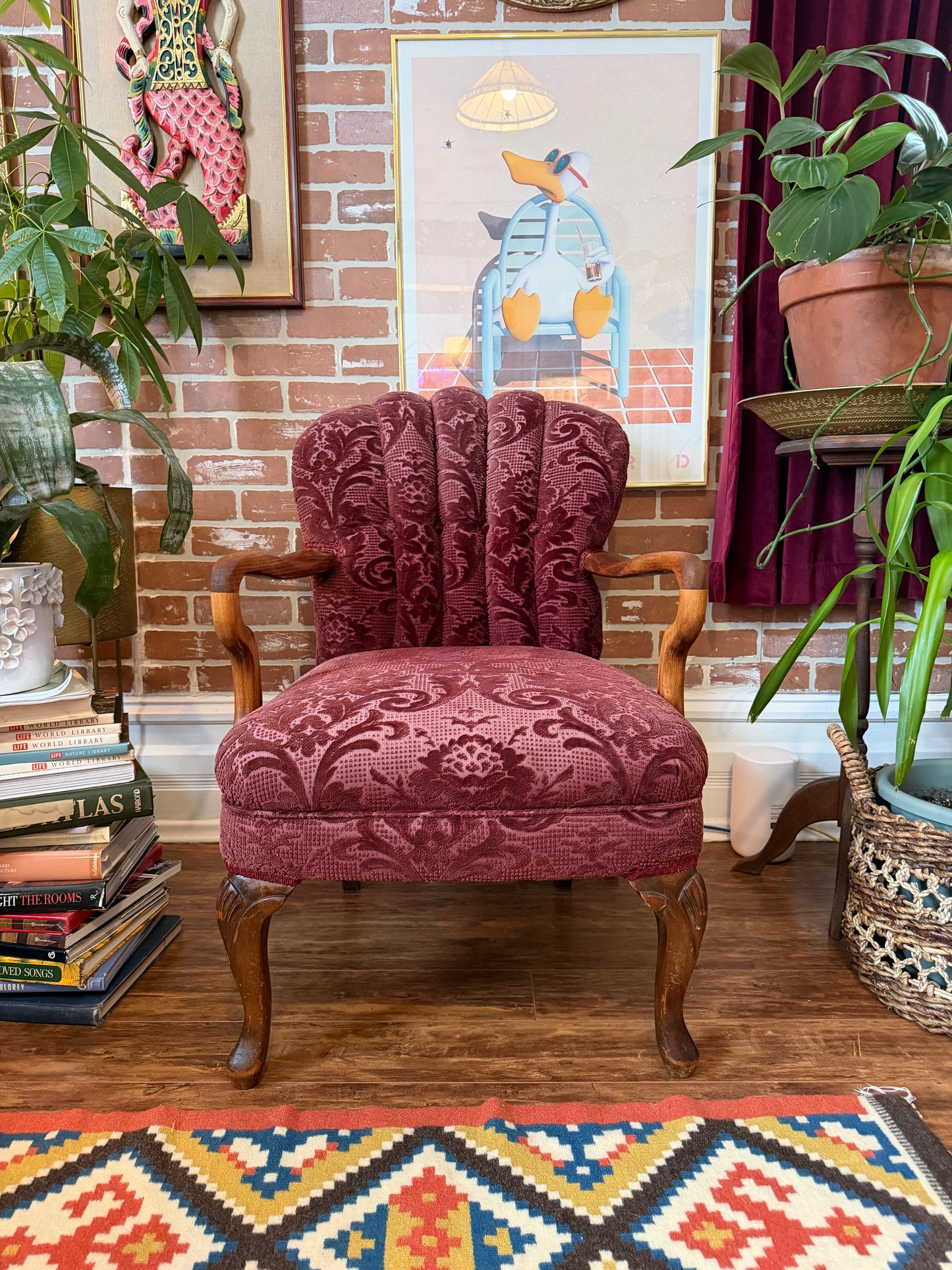 Vintage 1930s Burgundy Velvet & Walnut Wood Armchair