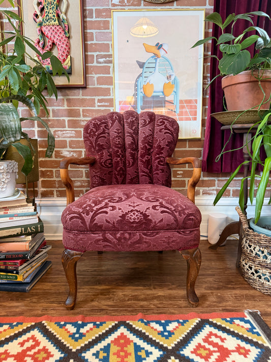 Vintage 1930s Burgundy Velvet & Walnut Wood Armchair