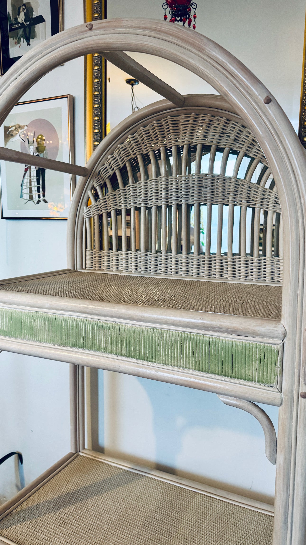 Vintage White Rattan Etagere Shelf Unit