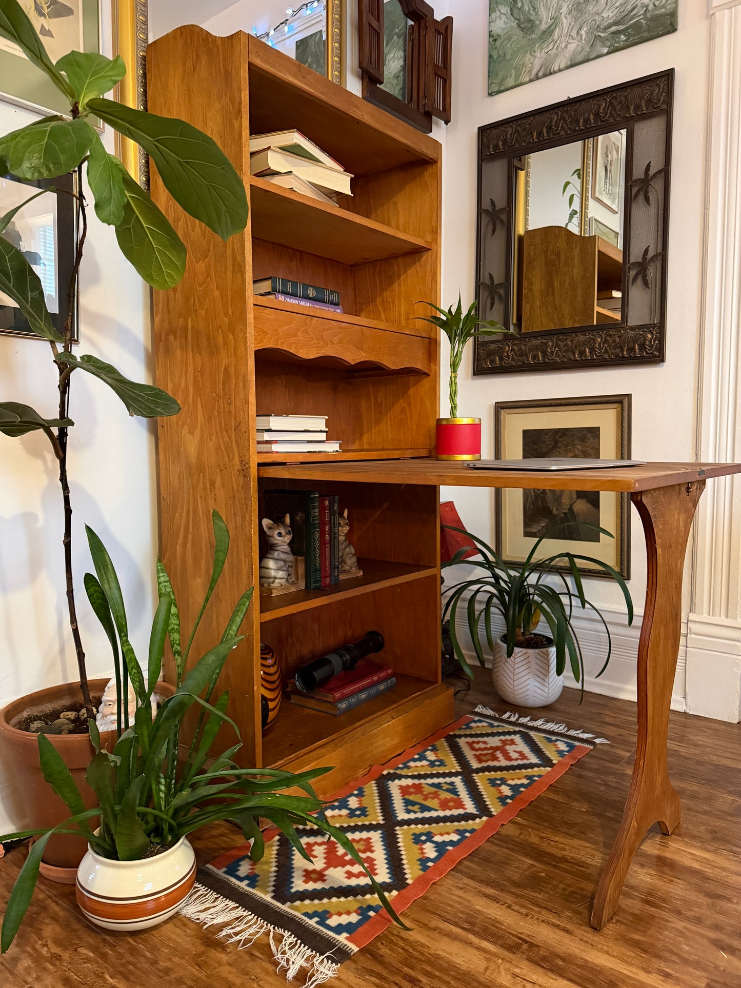 Vintage Solid Wood Bookshelf & Folding Table