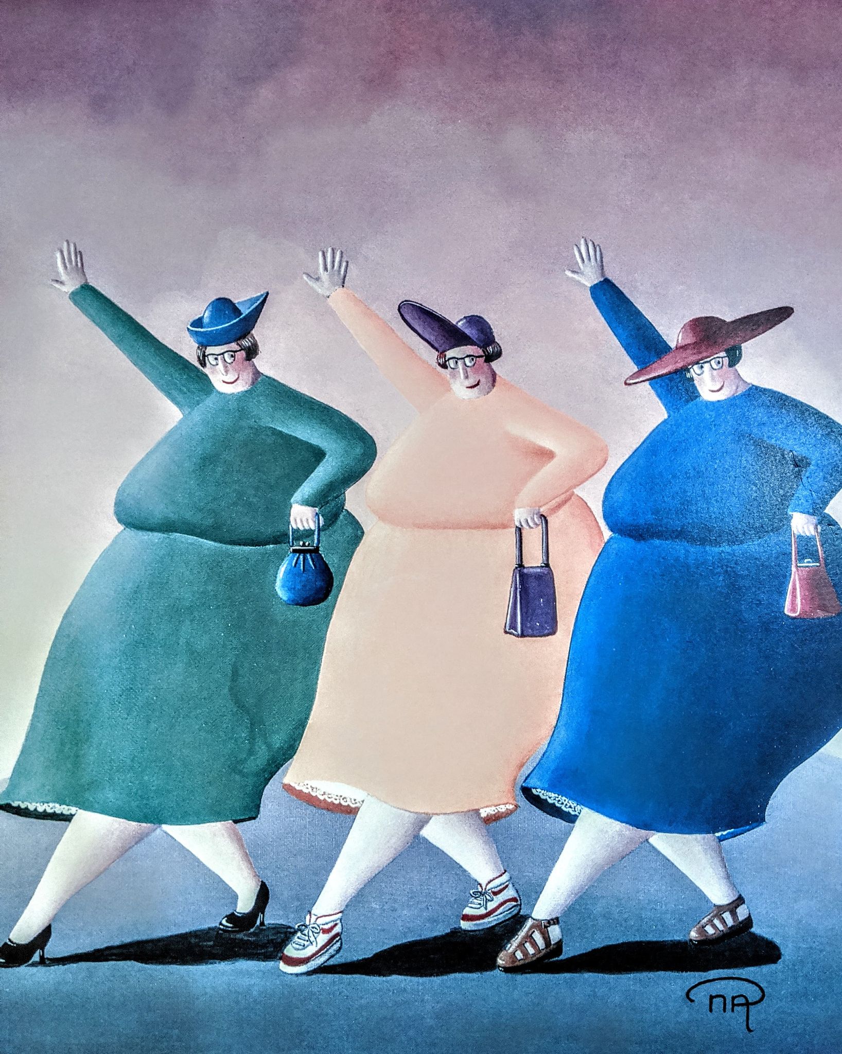 Vintage Painting Yellow Frame Retro Hipster Three Lady