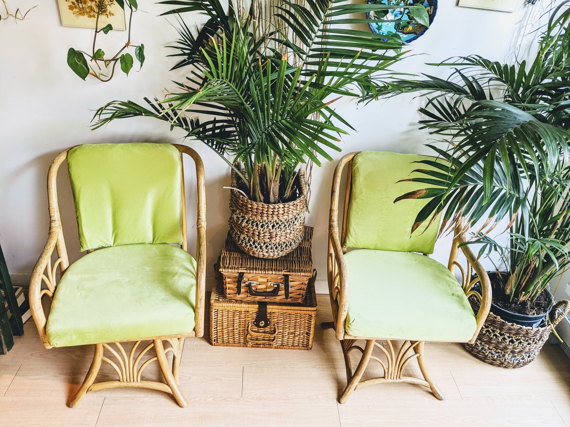 Vintage Rattan Swivel Arm Chair Lounge Retro Lime Green Cushion