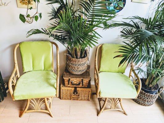 Vintage Rattan Swivel Arm Chair Lounge Retro Lime Green Cushion