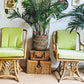 Vintage Rattan Swivel Arm Chair Lounge Retro Lime Green Cushion