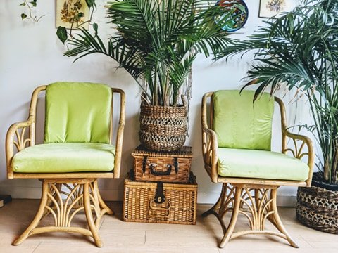 Vintage Rattan Swivel Arm Chair Lounge Retro Lime Green Cushion