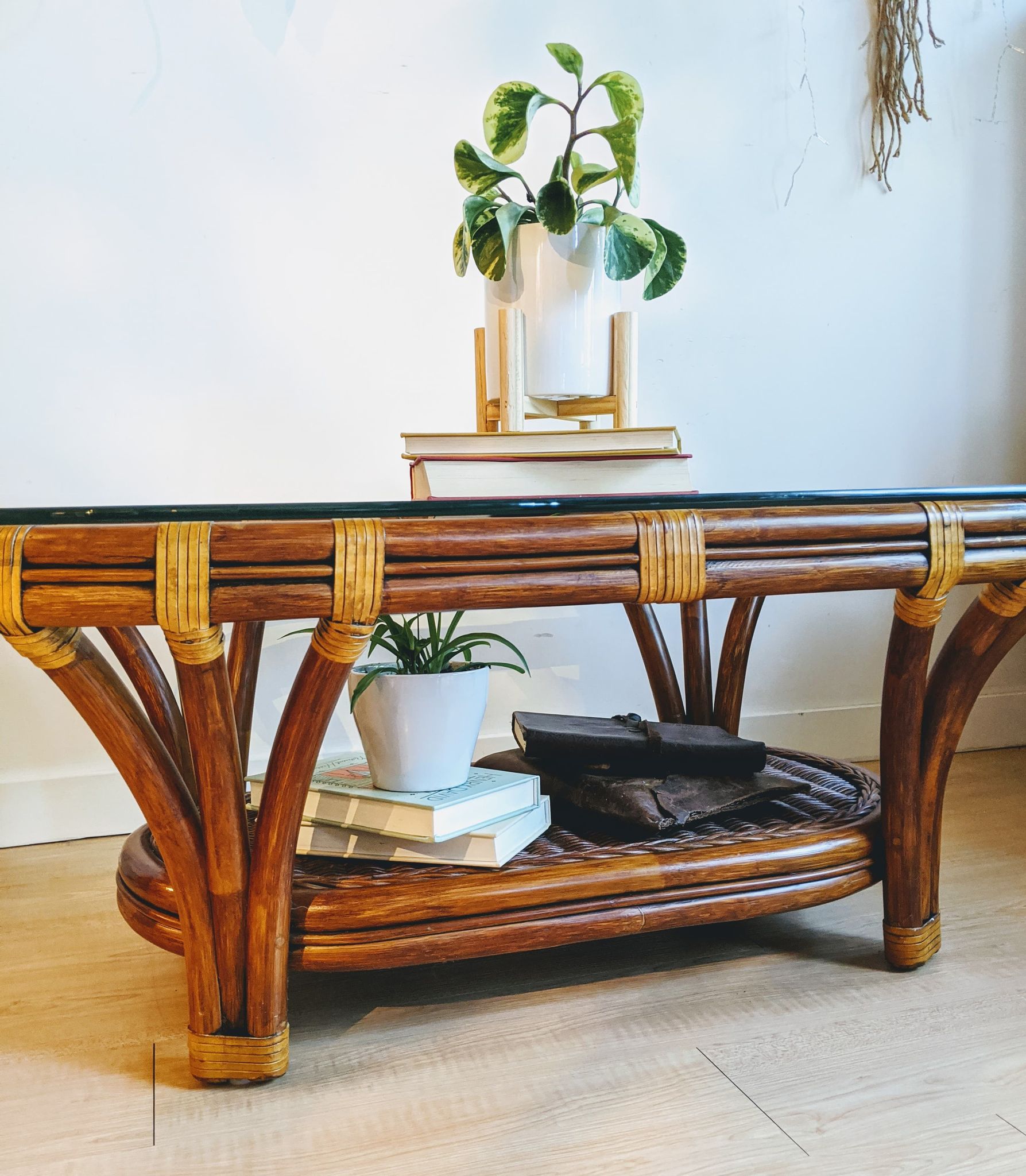 Bohemian Rattan Oval Coffe Table Vintage 70s