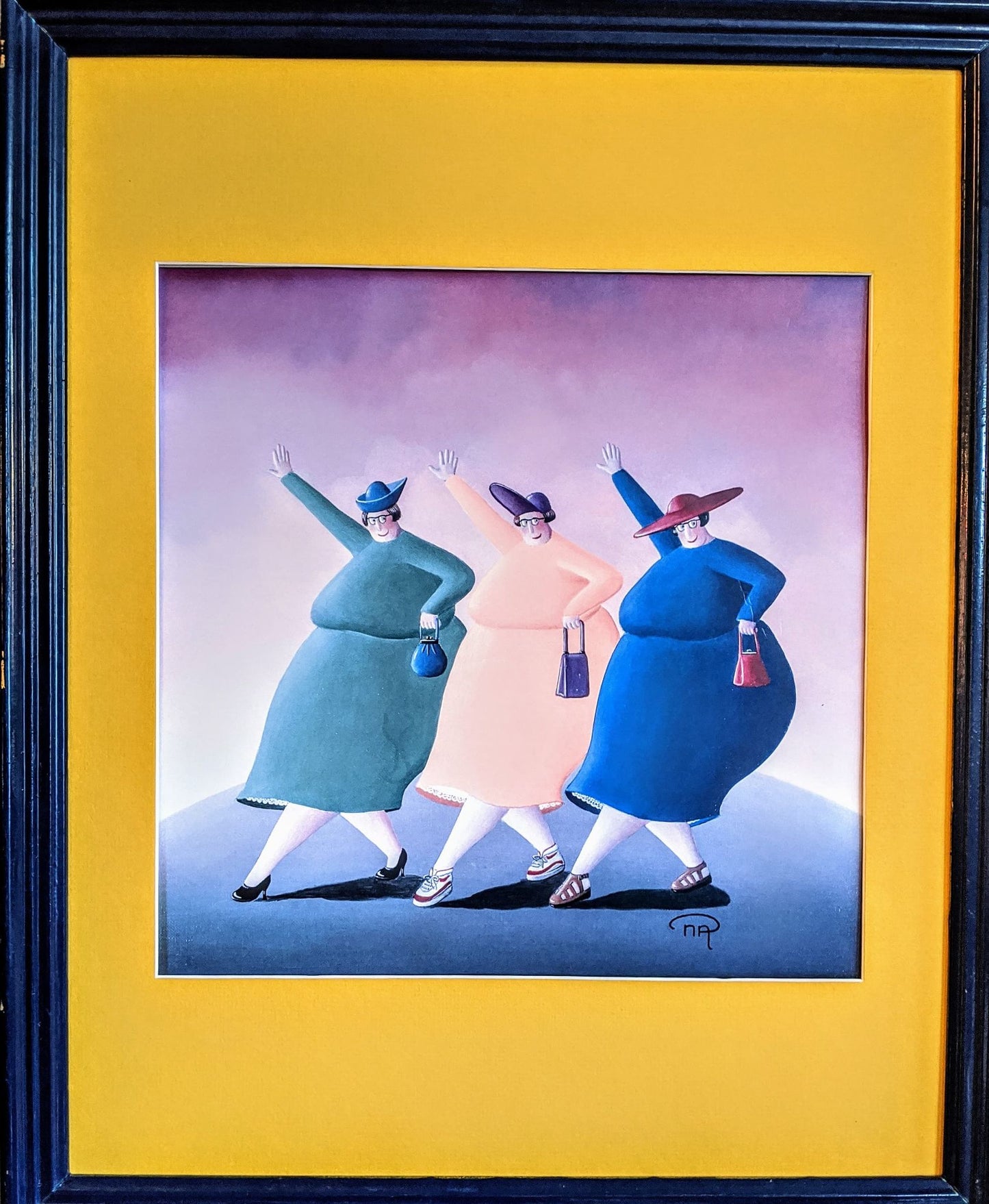 Vintage Painting Yellow Frame Retro Hipster Three Lady