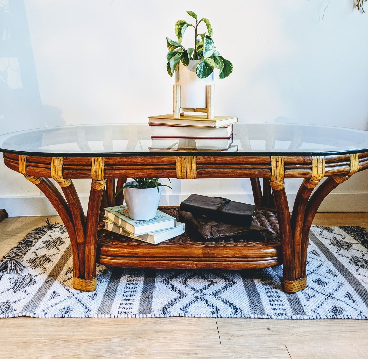 Bohemian Rattan Oval Coffe Table Vintage 70s