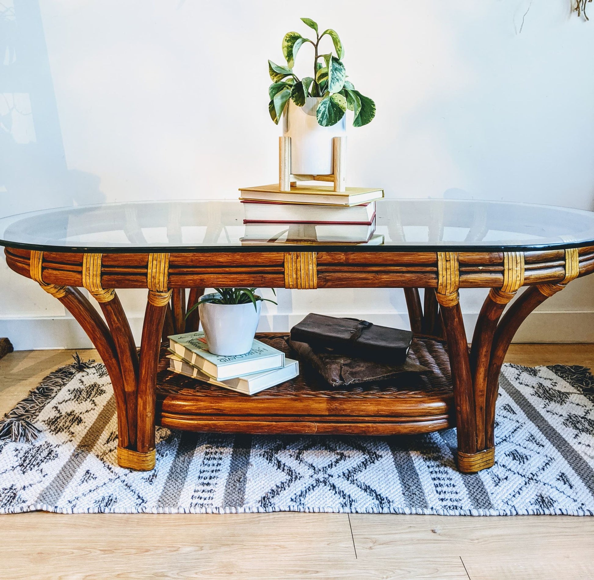 Bohemian Rattan Oval Coffe Table Vintage 70s