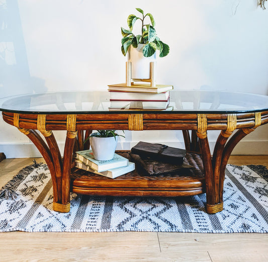 Bohemian Rattan Oval Coffe Table Vintage 70s