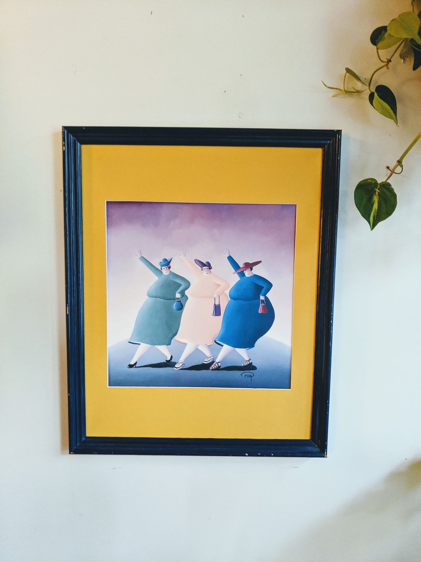 Vintage Painting Yellow Frame Retro Hipster Three Lady