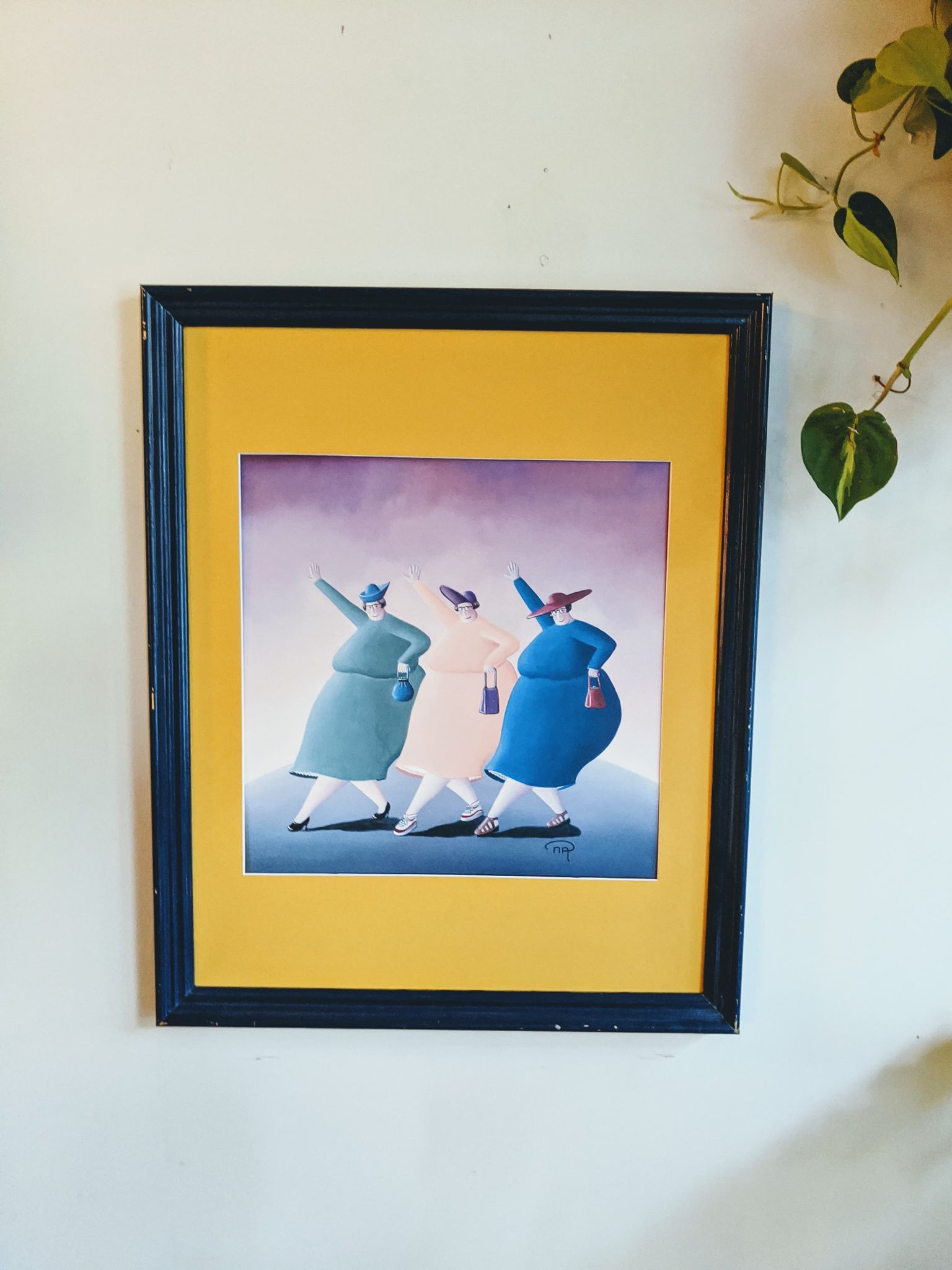 Vintage Painting Yellow Frame Retro Hipster Three Lady