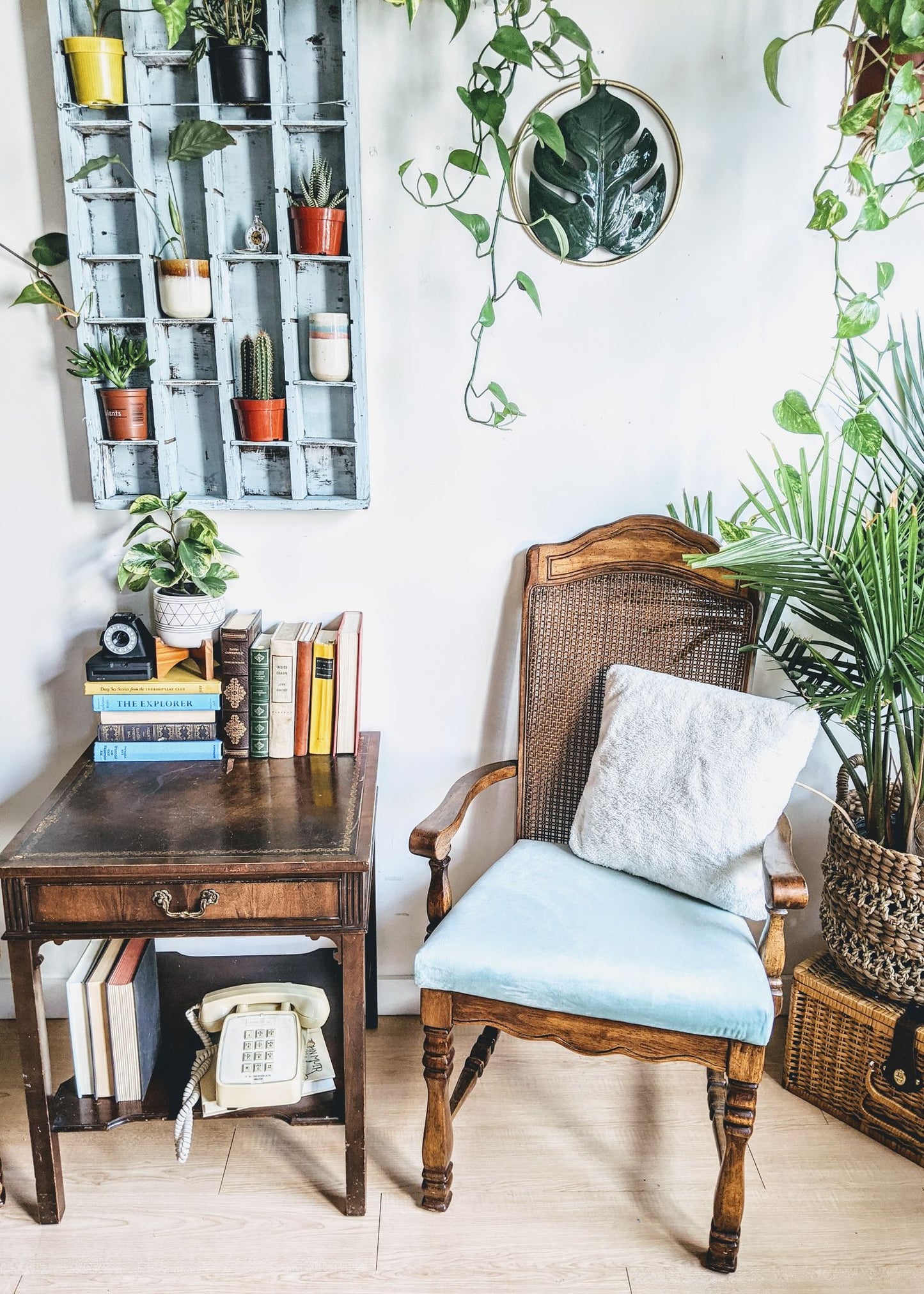 Vintage Retro 70s style dinning room chairs with powder blue velvet cushion