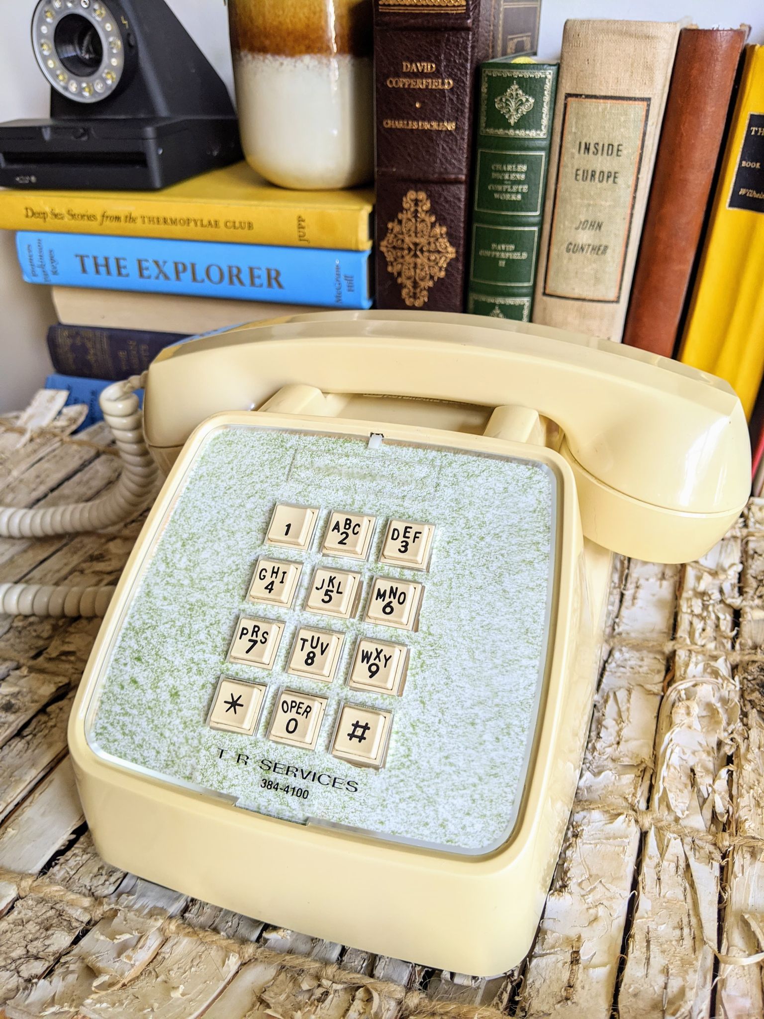Vintage 70s Yellow Phone with green face plate Rockford Files Style Retro