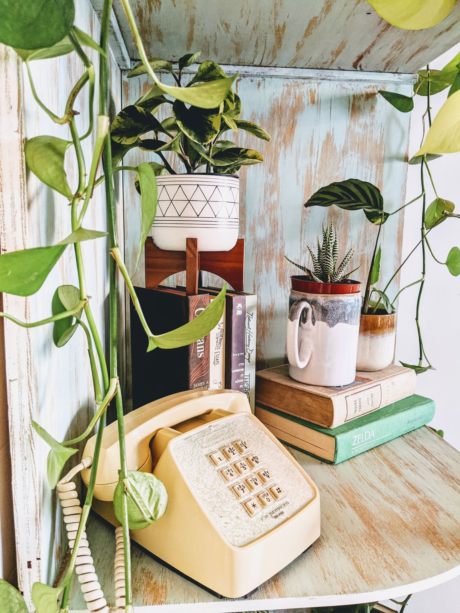 Tall Wood Shelf 4 Levels Vintage Retro Seaglass Blue Color