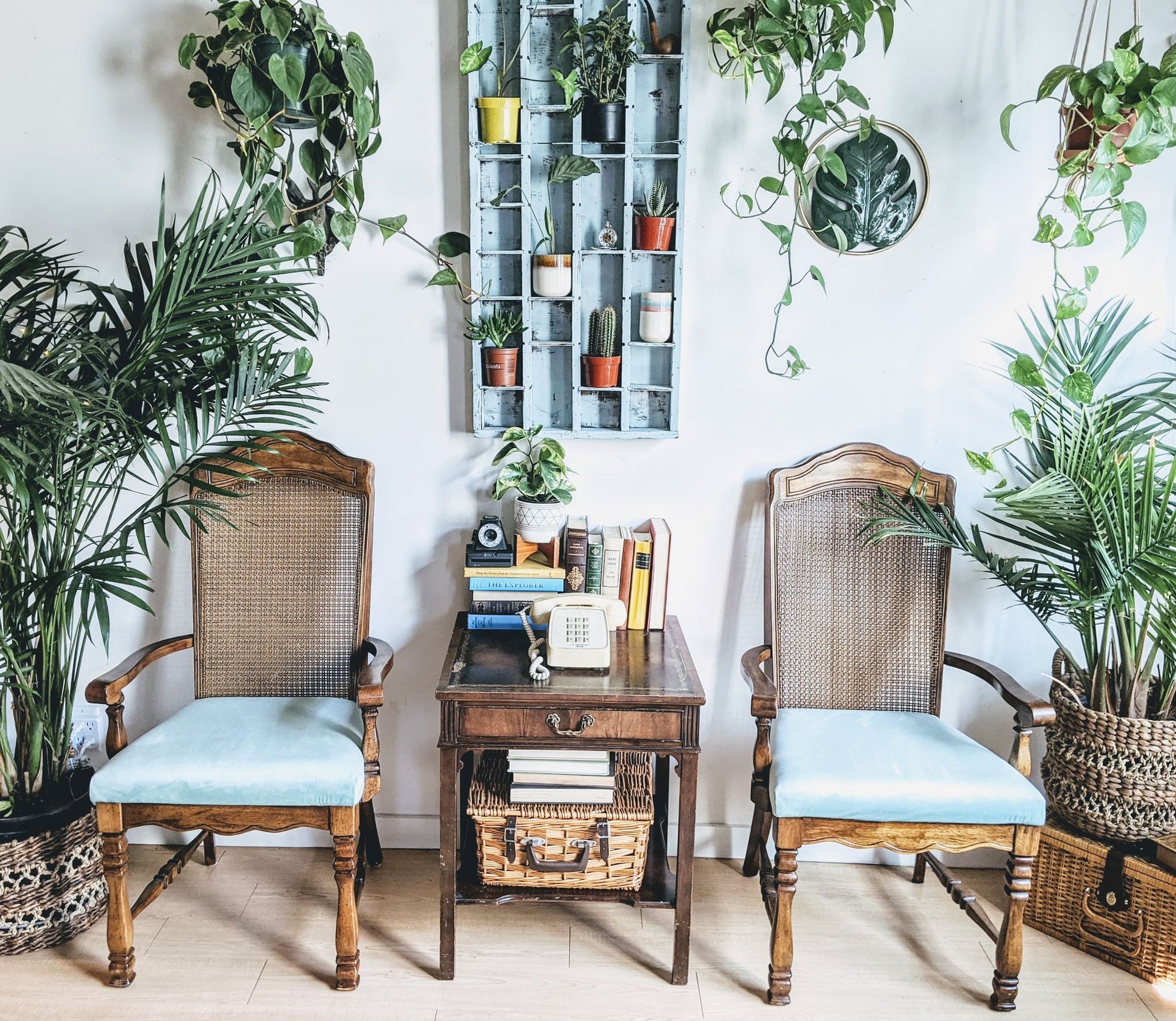 Vintage Retro 70s style dinning room chairs with powder blue velvet cushion