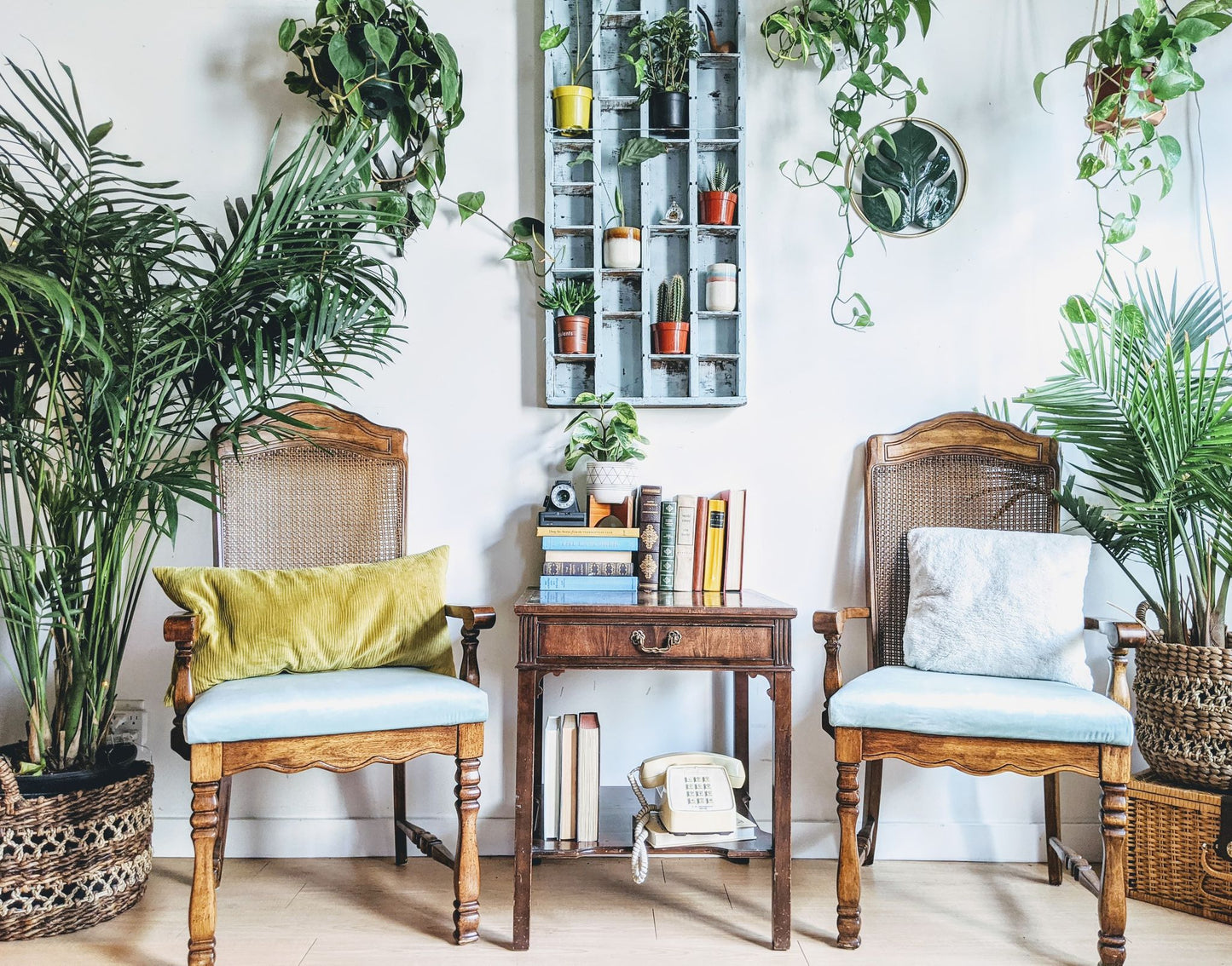 Vintage Retro 70s style dinning room chairs with powder blue velvet cushion