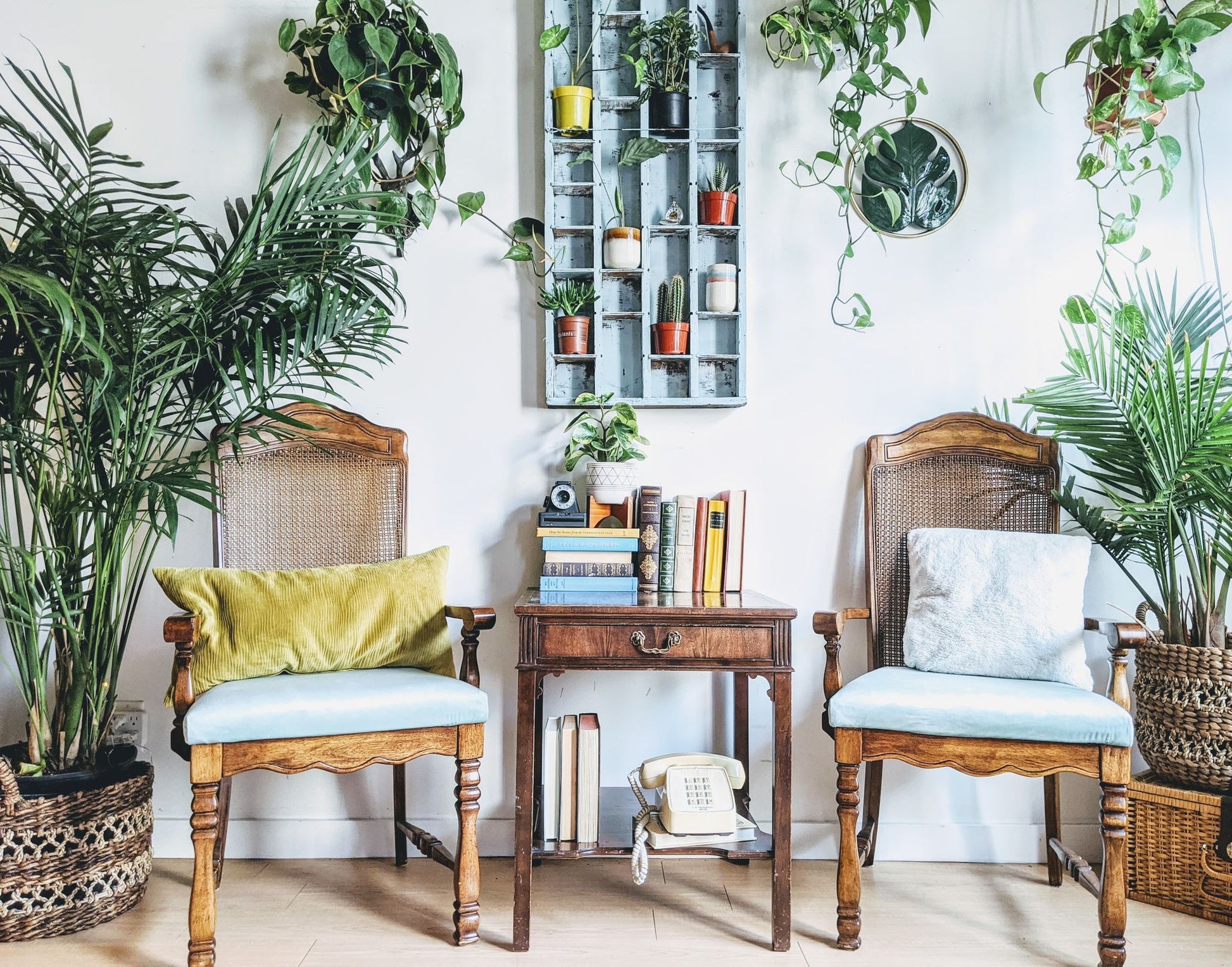 Vintage Retro 70s style dinning room chairs with powder blue velvet cushion