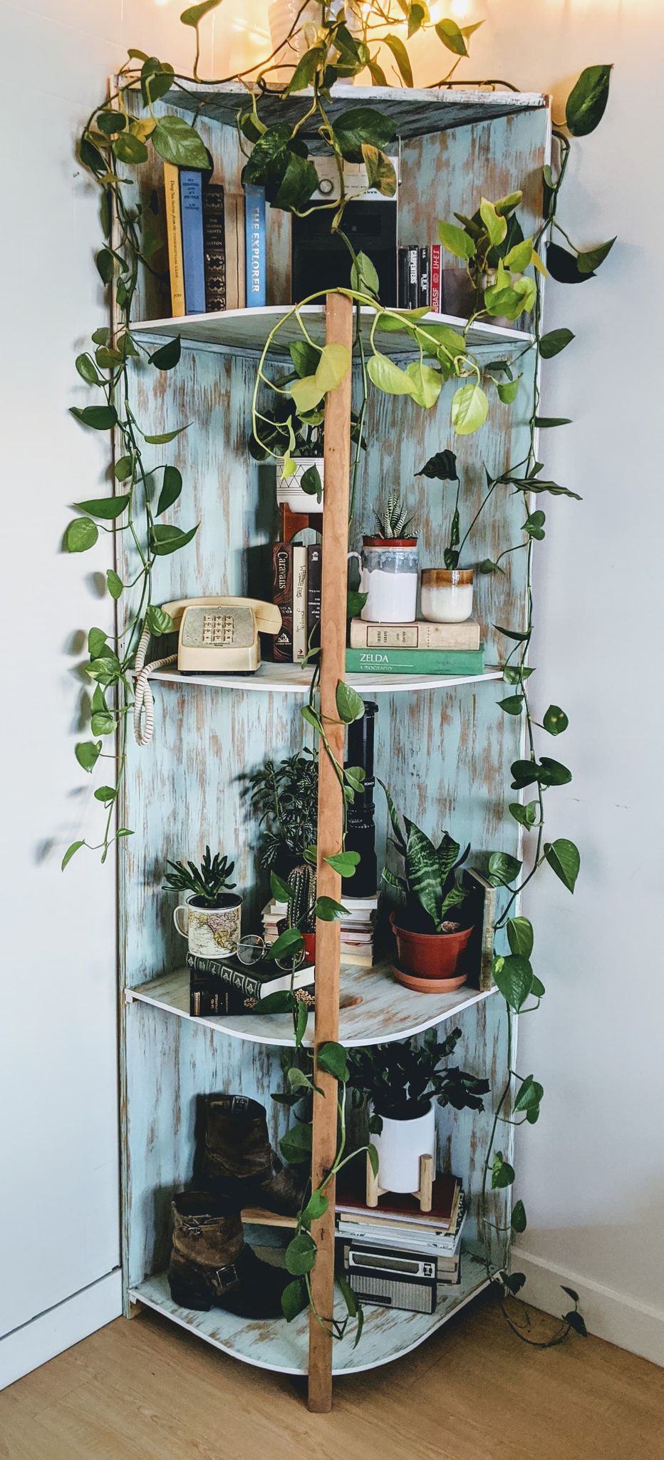 Tall Wood Shelf 4 Levels Vintage Retro Seaglass Blue Color